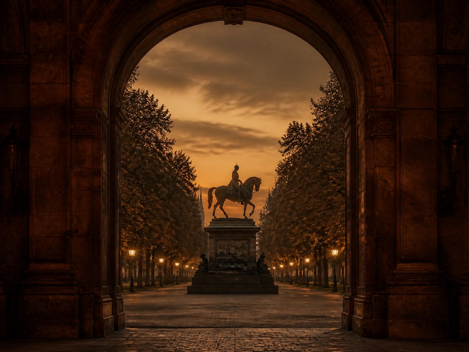 A grand avenue at dusk seen through an archway, from the story Three Steps Back