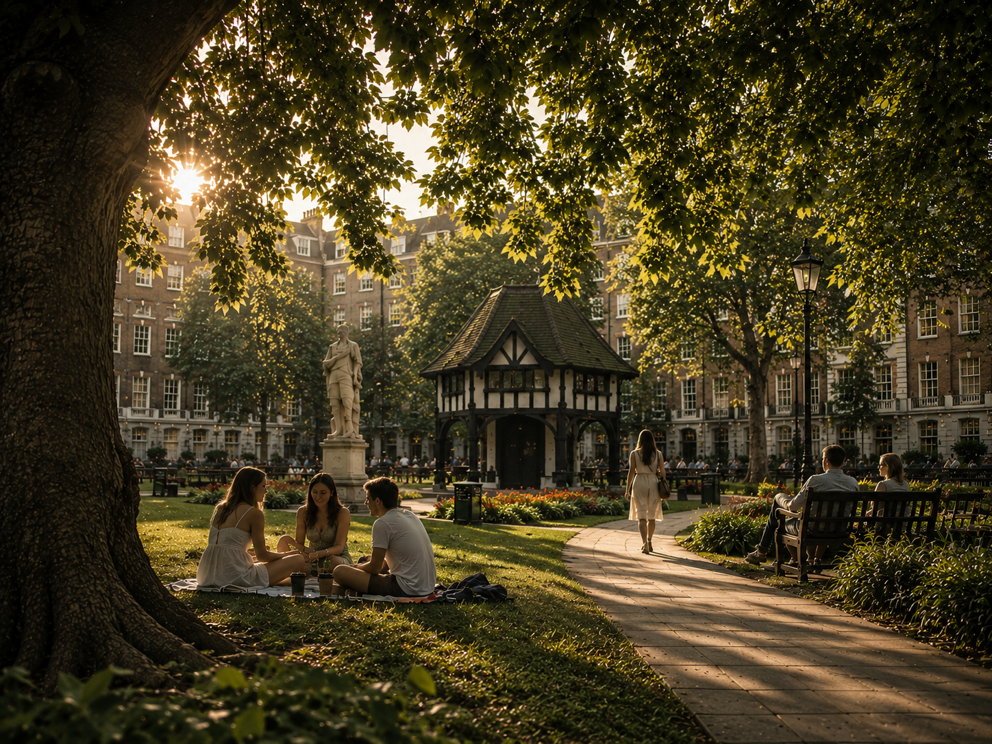 Friends sitting on the grass beneath plane trees in Soho Square, London, in golden late-afternoon light