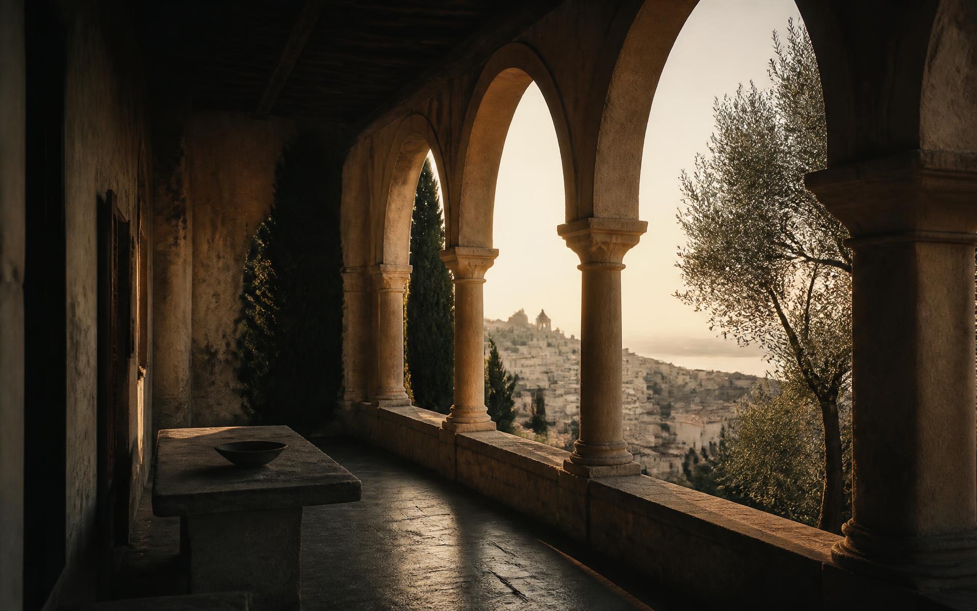 A shadowed stone loggia opening through tall arches onto a sunlit hill town at golden hour, with an olive tree and distant sea light